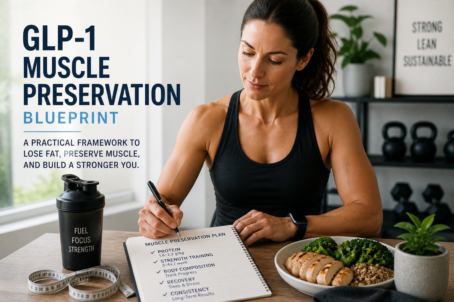 GLP-1 Muscle Preservation Blueprint image showing protein planning, strength training, and body composition tracking for healthy fat loss.