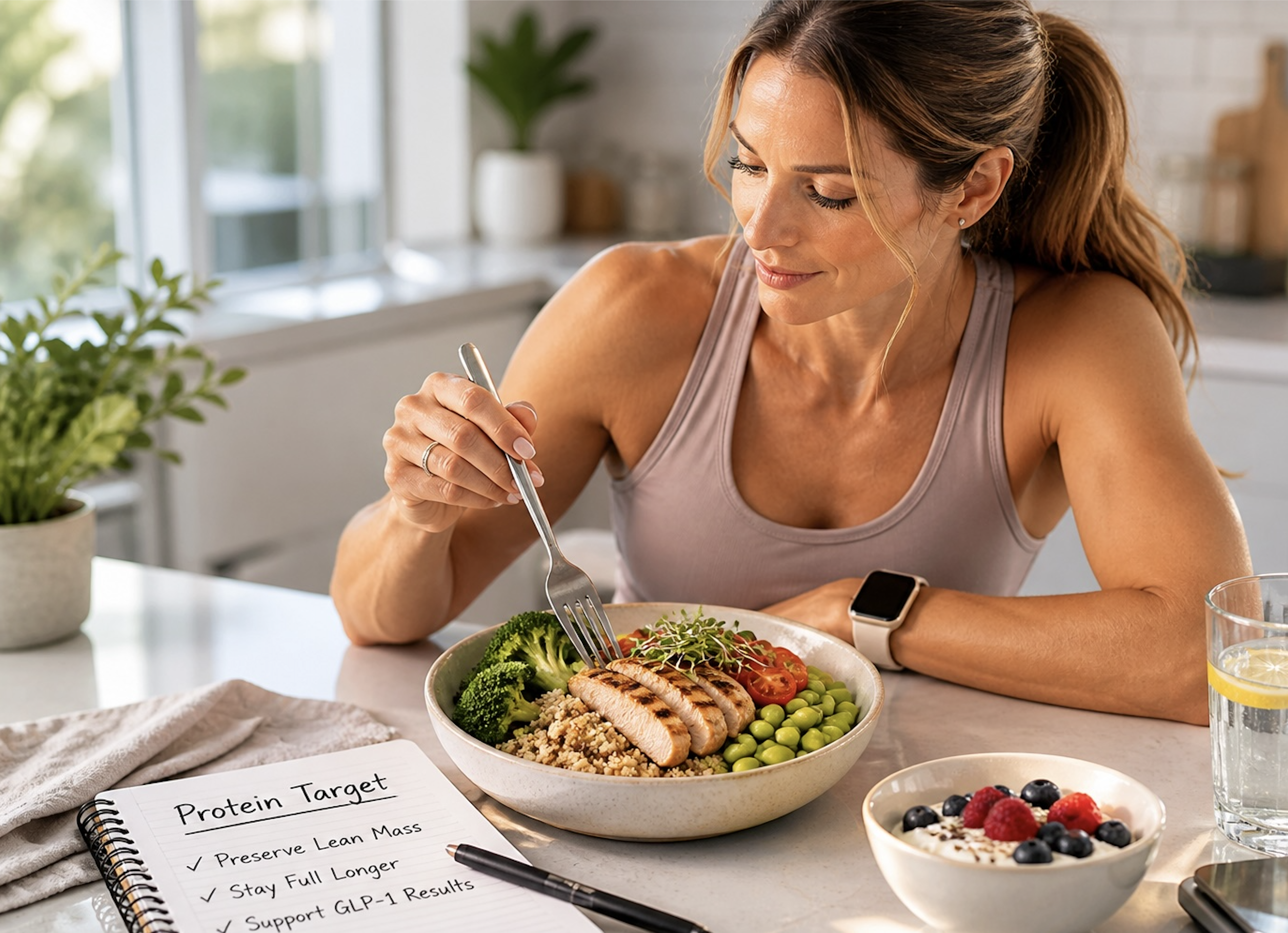 Healthy woman eating a high-protein meal while tracking protein targets for GLP-1 weight loss and lean mass preservation