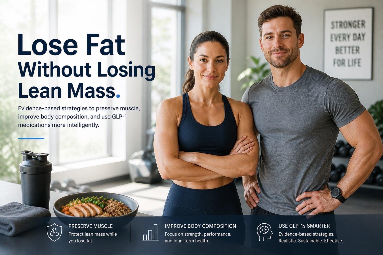 Fit man and woman in a modern gym with high-protein meal and training cues for preserving lean mass during GLP-1 weight loss.