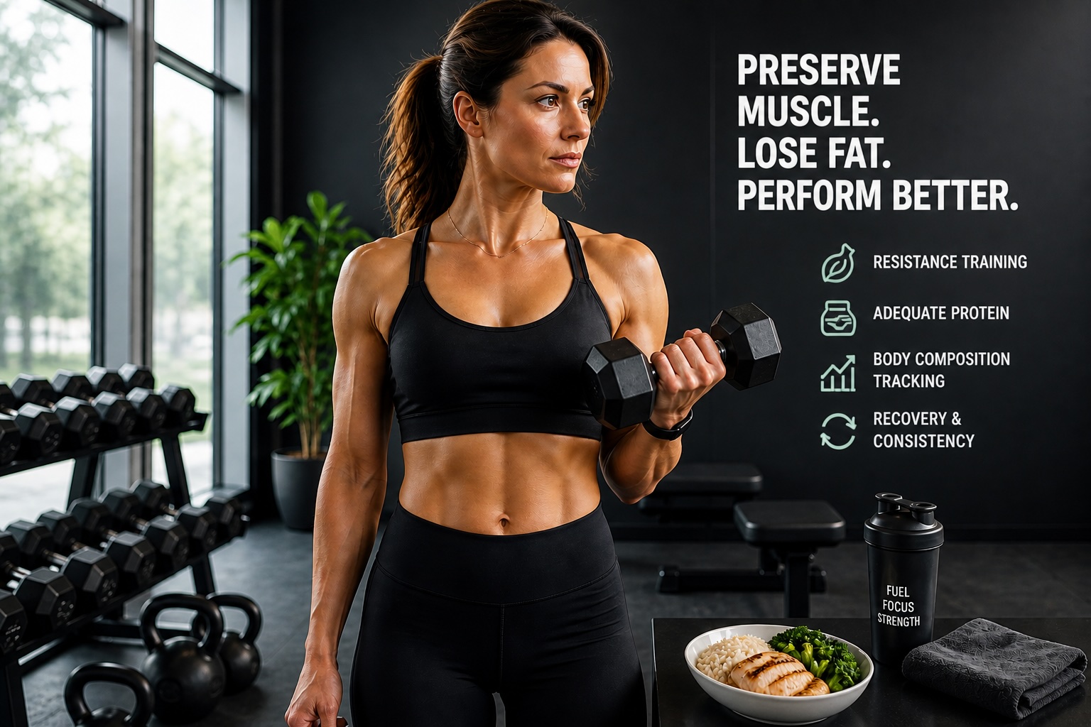 GLP-1 muscle preservation image showing strength training, adequate protein, and body composition tracking for healthy fat loss.