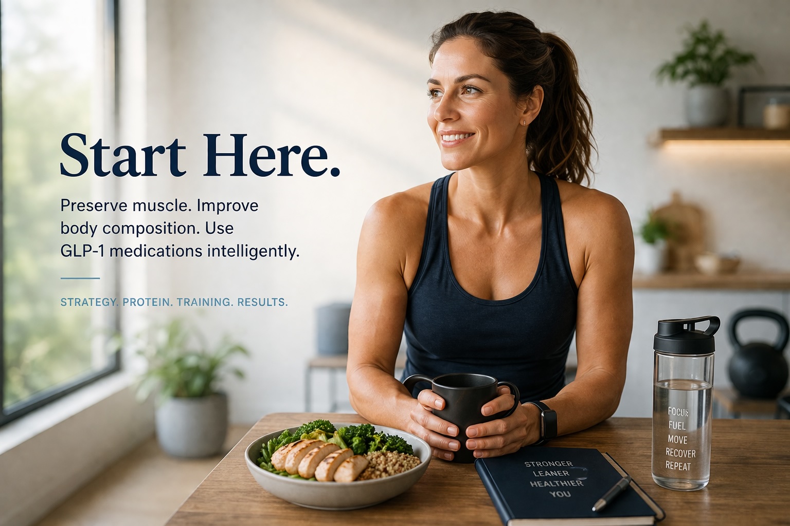 Healthy woman in a modern wellness setting with high-protein meal and training cues for GLP-1 muscle preservation and body composition.
